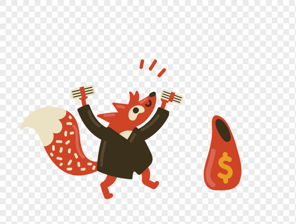 手绘抽象橘色小狐狸拿着钱放到存钱罐插画