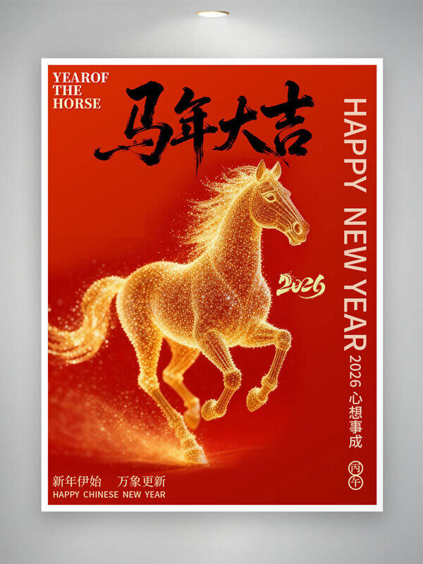 红色背景马年大吉金马迎春节日海报