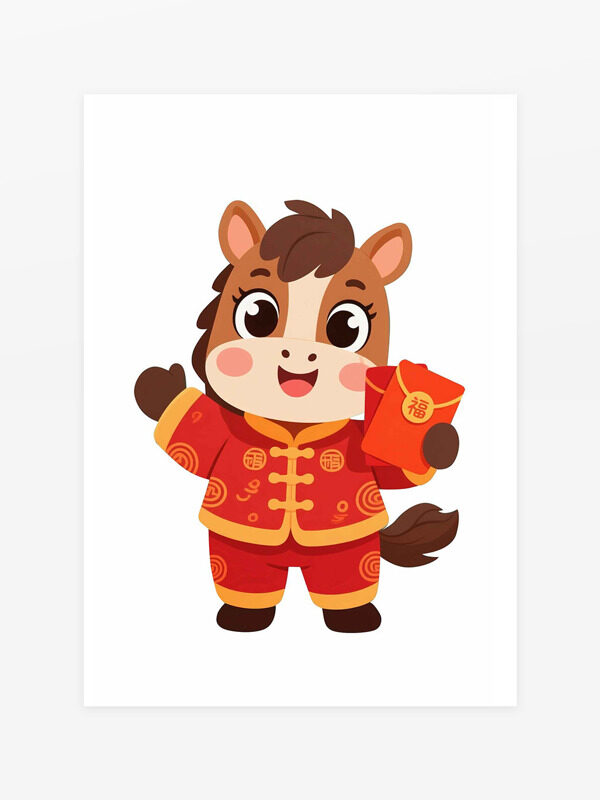 手绘中国风福字红包卡通马形象设计