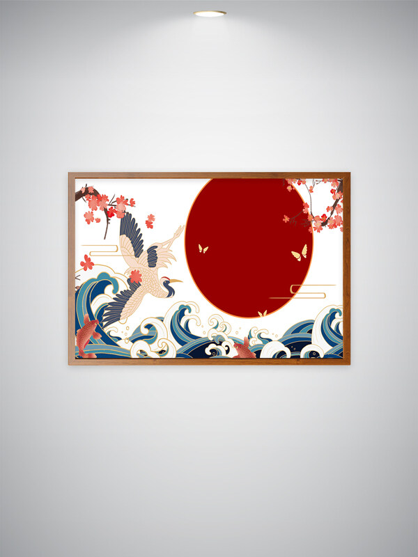 仙鹤呈祥红日东升祥云波浪翻涌插画