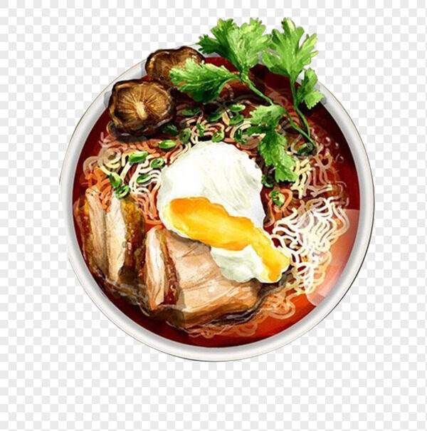 手绘日式香辣面香菇香菜牛排骨溏心蛋热汤免抠美食
