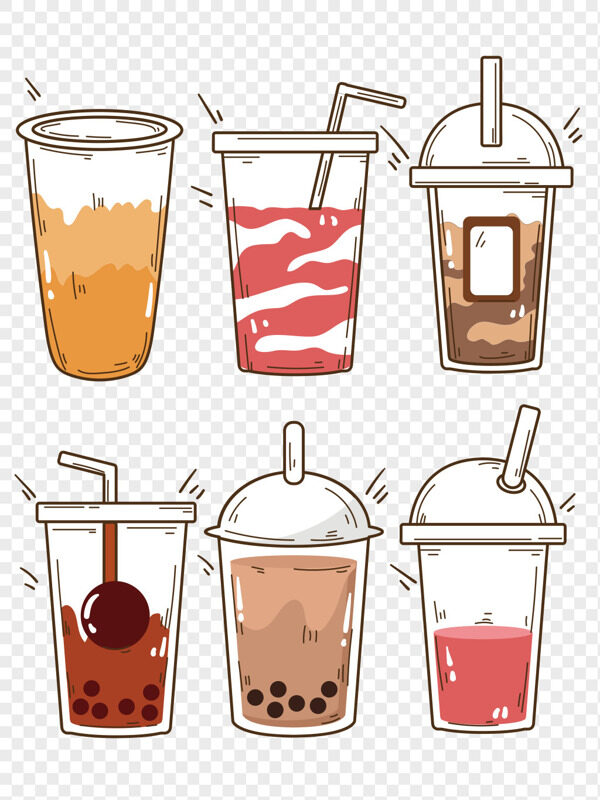 手绘透明塑料杯果汁饮料珍珠奶茶免抠下午茶