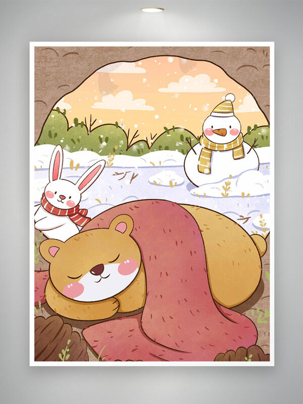 手绘卡通小动物冬眠可爱雪人插画