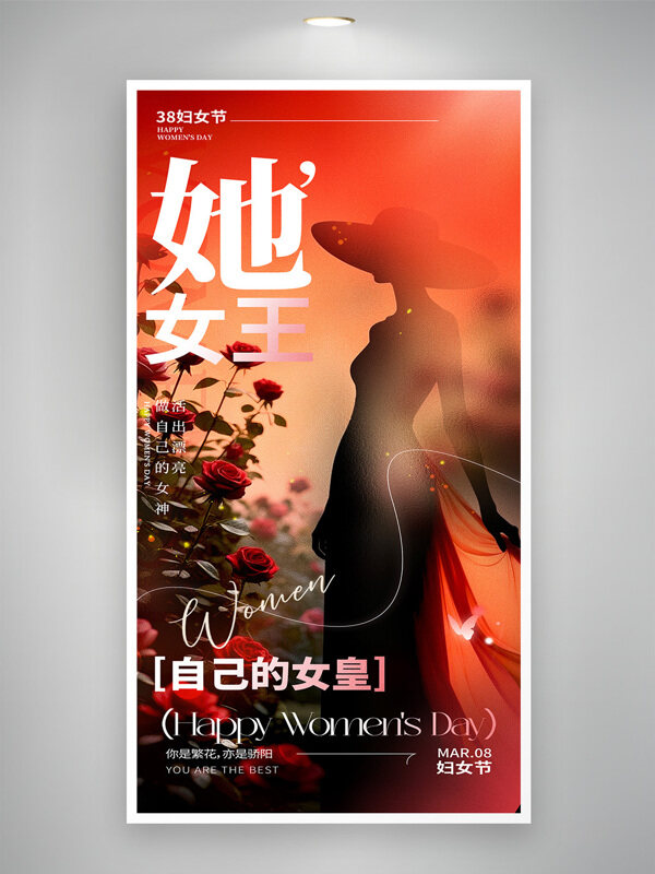 38妇女节优雅女王剪影红玫瑰节日海报