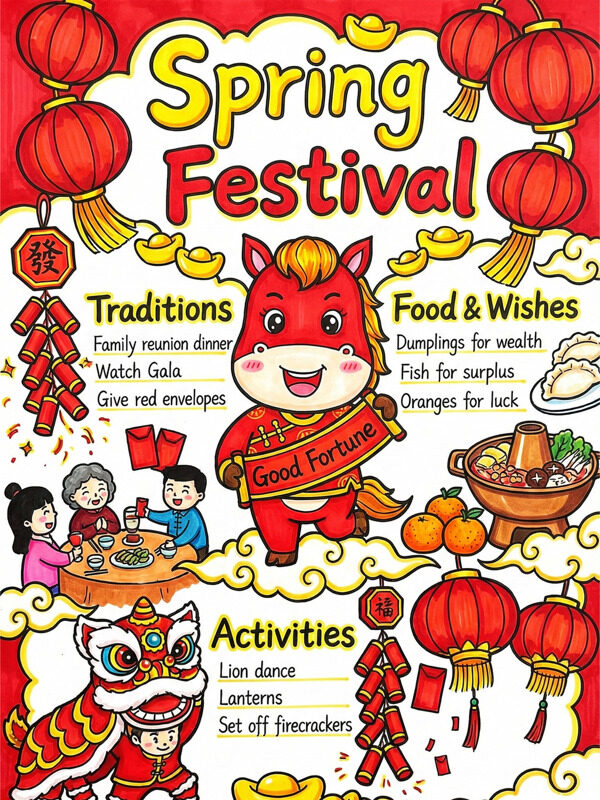 漂亮Spring Festival春节习俗手抄报