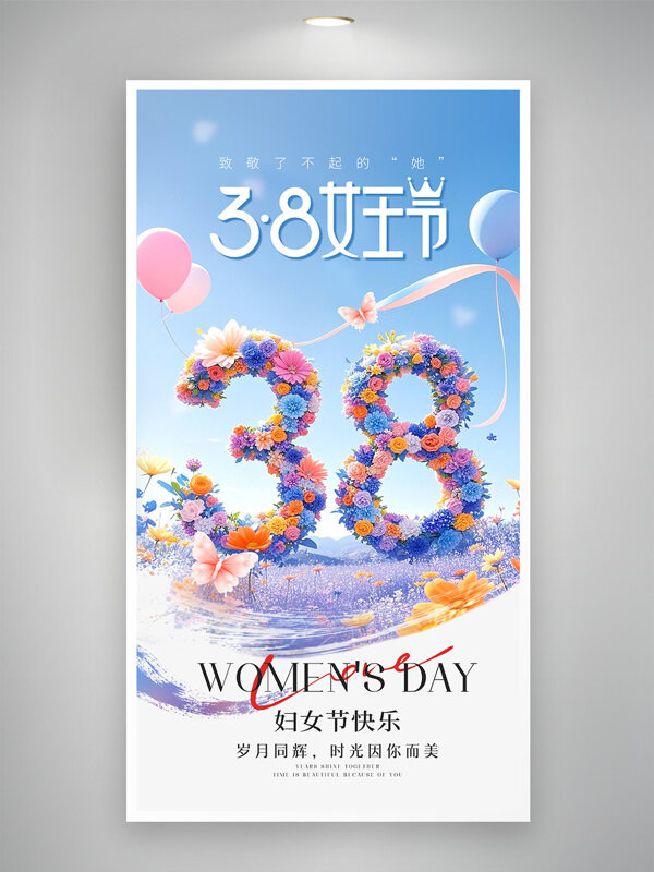 蓝天唯美温馨粉色气球花朵女神节妇女节海报