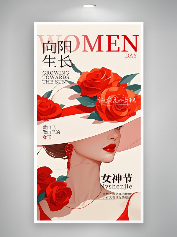 向阳生长手绘优雅女性创意妇女节海报