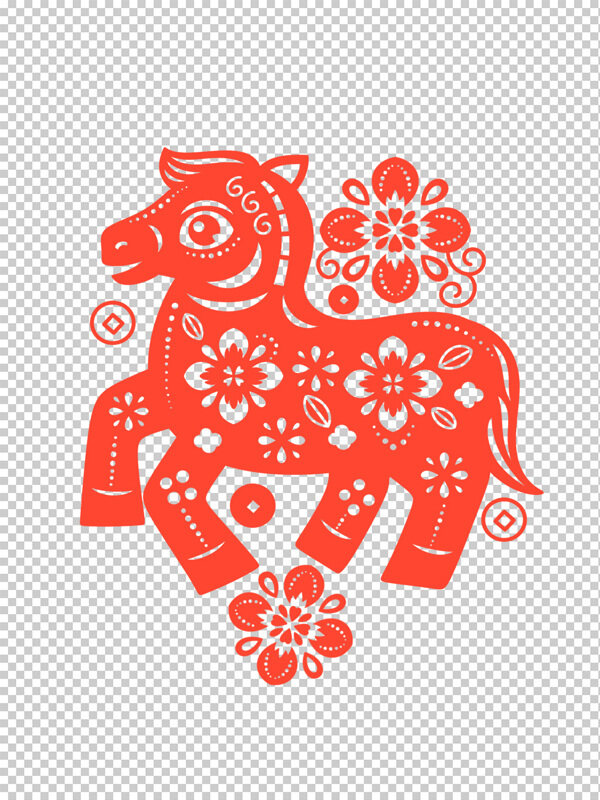 红色剪纸民俗风格小马剪纸