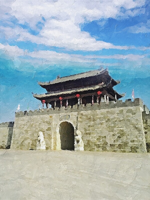 中式复古景德镇城楼风景油画装饰画