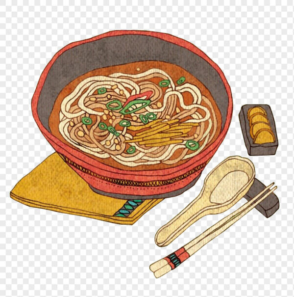 手绘日式餐布彩色拉面勺筷咸菜面抠元素