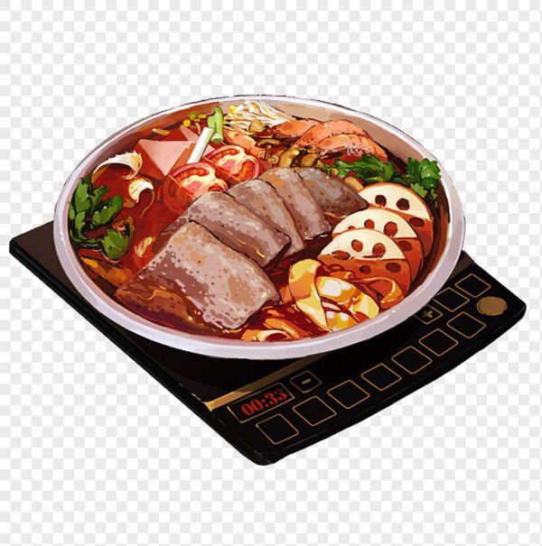 手绘电磁炉冒菜牛肉藕片火腿番茄大虾免抠美食