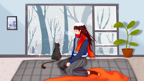 手绘插画窗边看雪的女孩与猫
