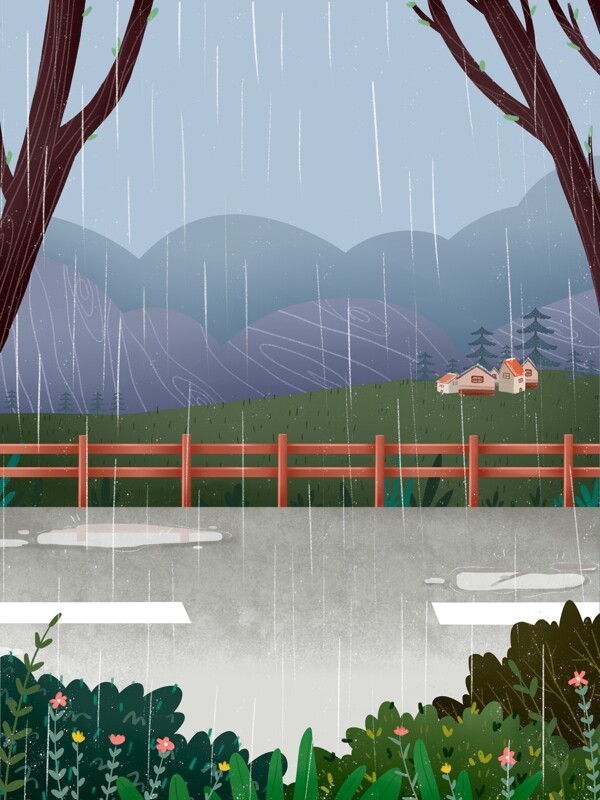 雨季户外风景插画背景