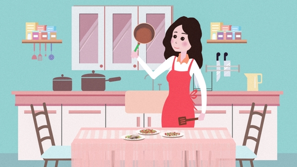 原创插画厨房做饭女孩