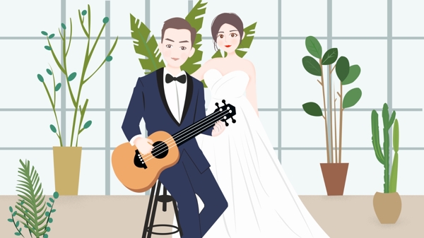 文艺情侣穿着结婚婚纱礼服弹吉他