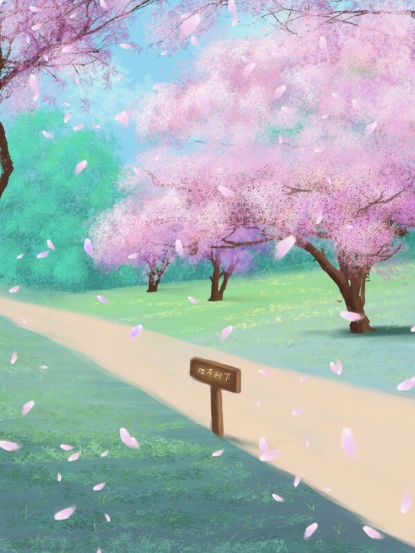 治愈系唯美樱花季春天你好日本旅行风景插画