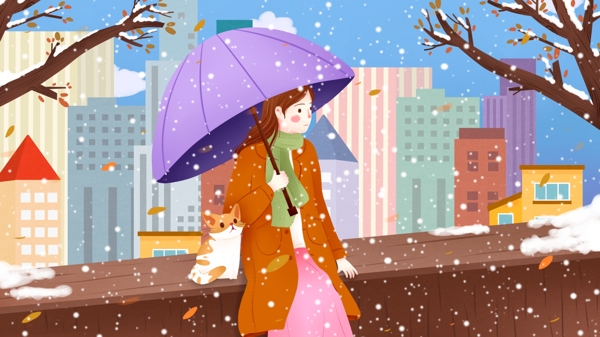 冬季小雪节气女孩插画