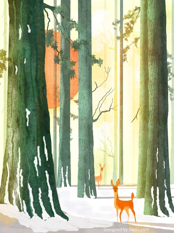 原创冬季森林与鹿唯美插画