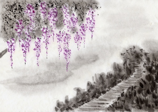 水墨风景紫藤树下的路图片图片
